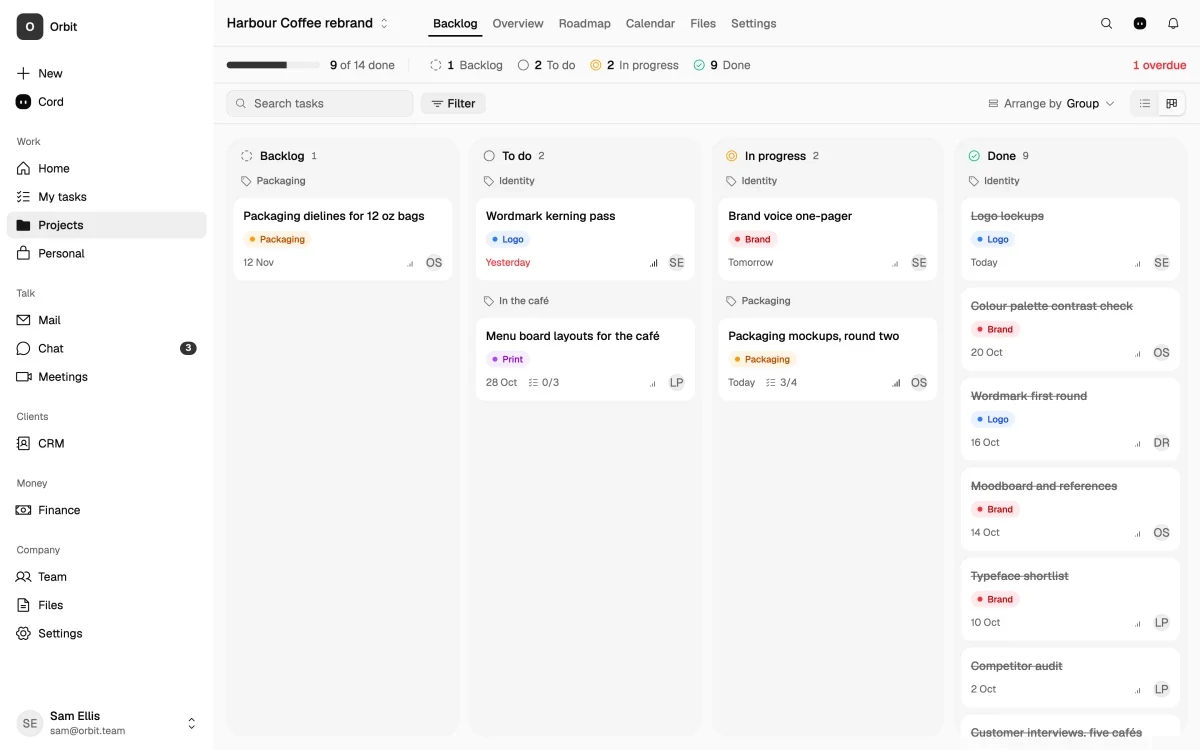 Coding Cords project board showing tasks, files and a connected business workspace